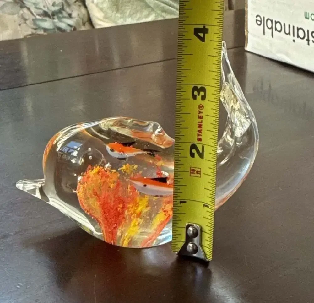 Clear Art Glass Whale Figurine Paperweight with Internal Fish and Reef Detail